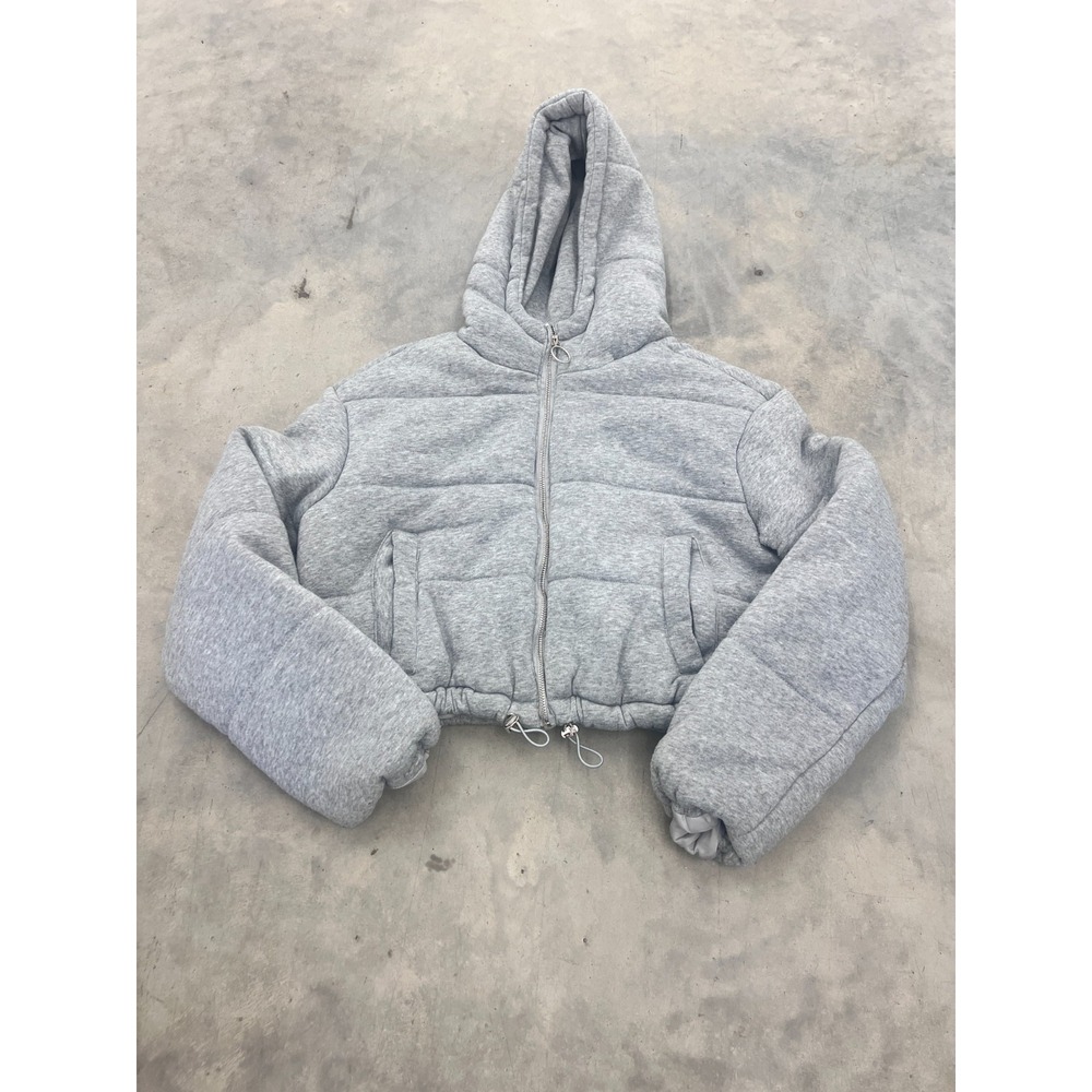Pacsun Puffer Jacket Womens M Heather Gray Hooded Full Zip Cropped Streetwear